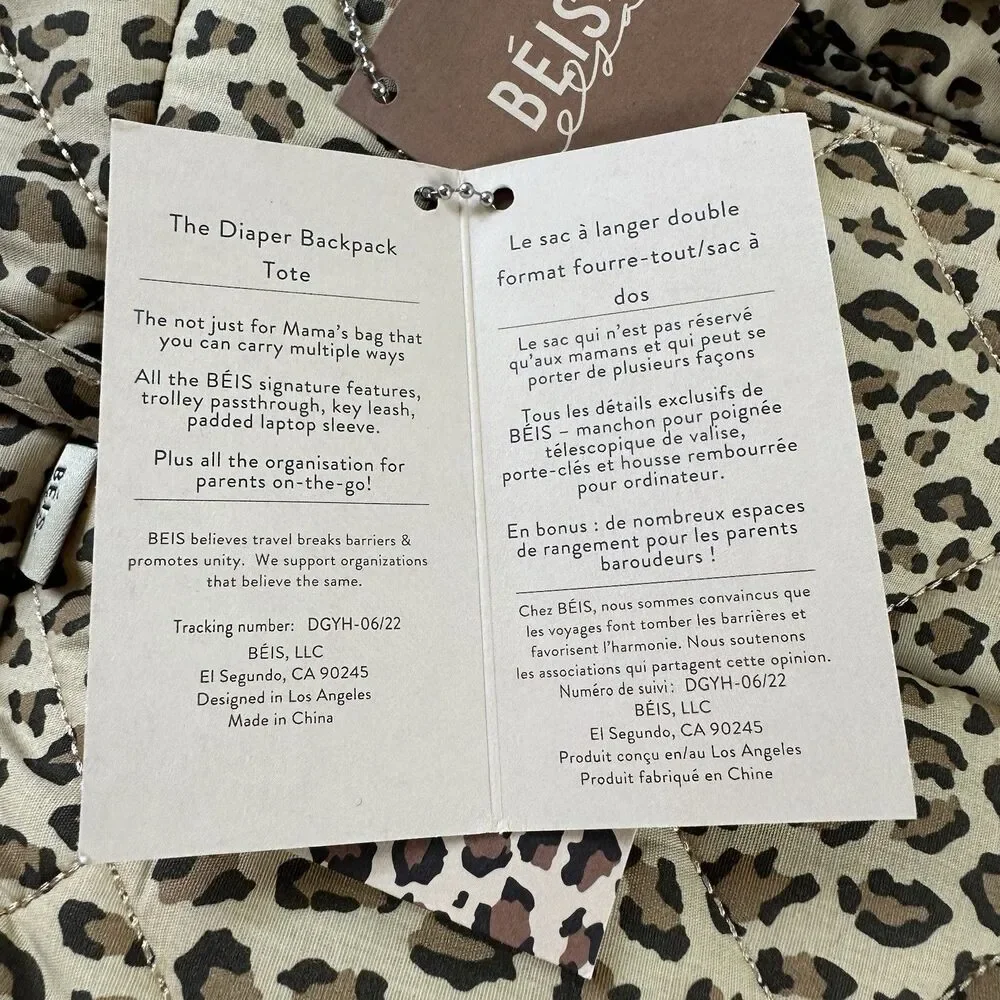 NWT BEIS x Elsa Hosk Quilted Backpack Tote Diaper Bag in Animal Print Wild Child